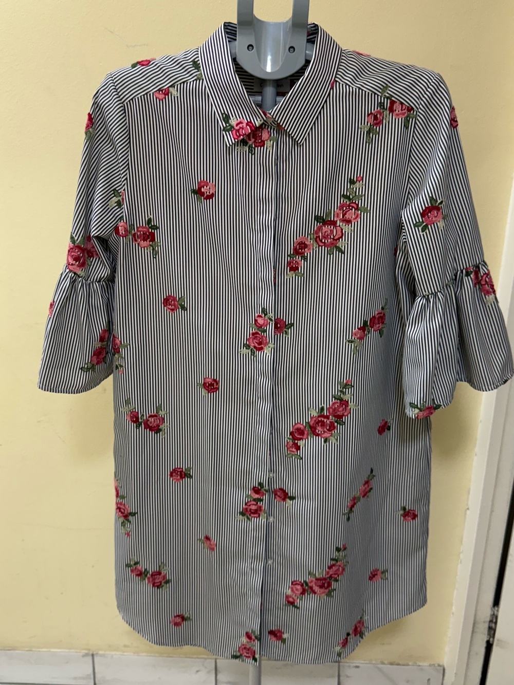 Calvin Klein Black & White Striped Button-Up with Pink Rose Print